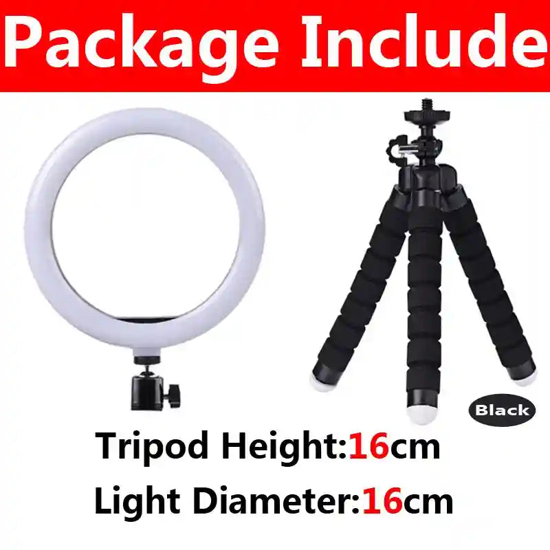 16cm circular LED ring light with a black flexible tripod stand for smartphone photography and video recording.