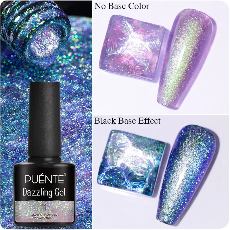 Dazzling gel nail polish, 7.5ml bottle, showing shimmering iridescent glitter effects over clear and black bases.