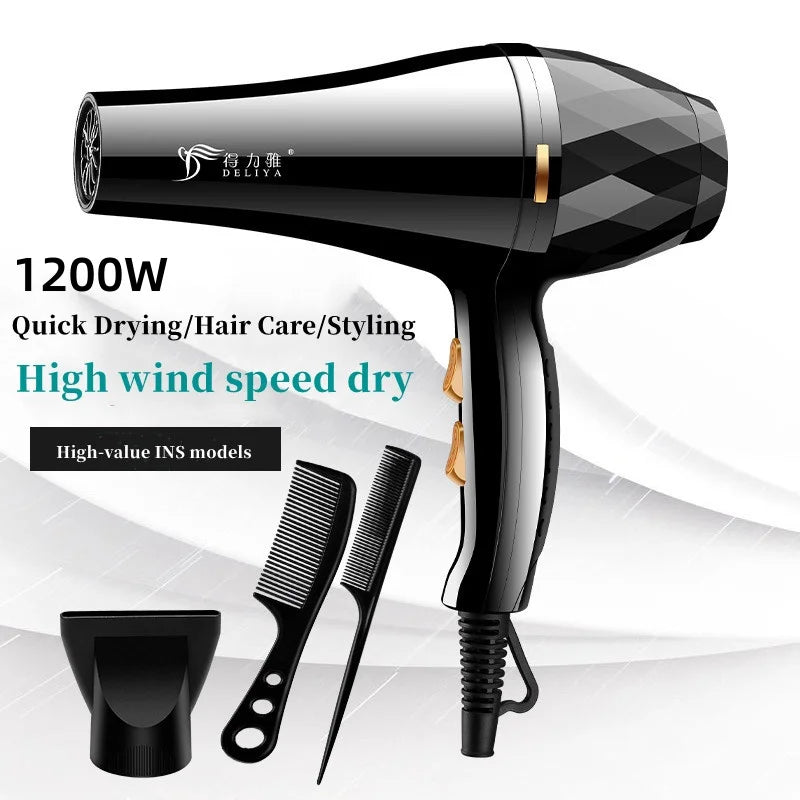 Black 1200W professional hair dryer with nozzle and two styling combs for fast, constant temperature salon drying.