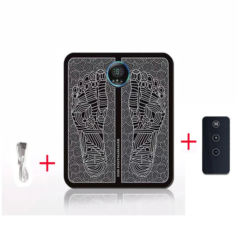 Portable black foldable EMS foot massager mat with digital display, remote control, and charging cable for pain relief.