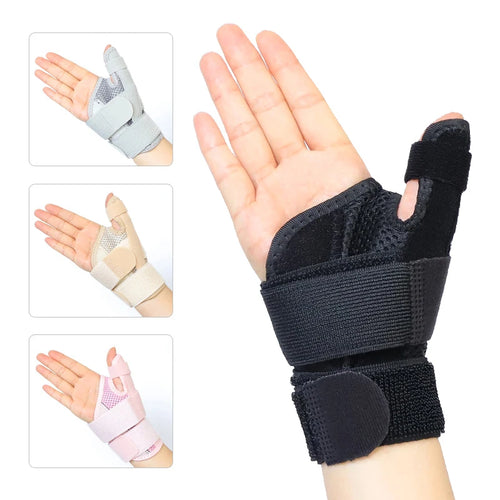Adjustable thumb brace support for pain relief, available in black, beige, gray, and pink breathable mesh material.