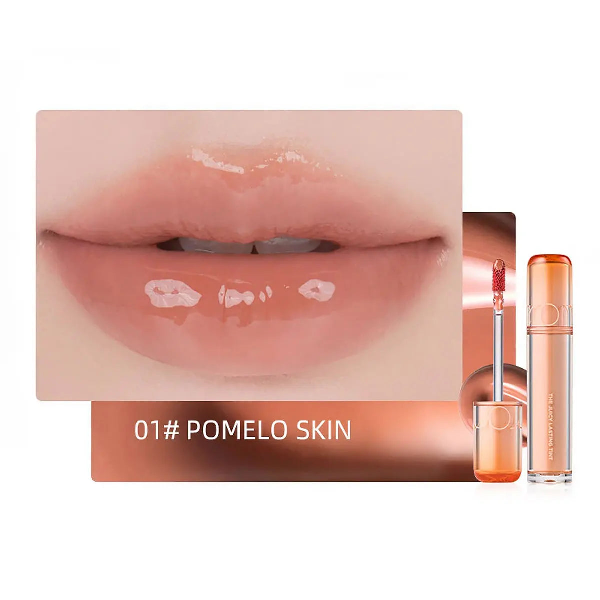 rom&nd Juicy Lasting Tint in Pomelo Skin: nude peach Korean lip gloss with high-shine, hydrating glossy finish.