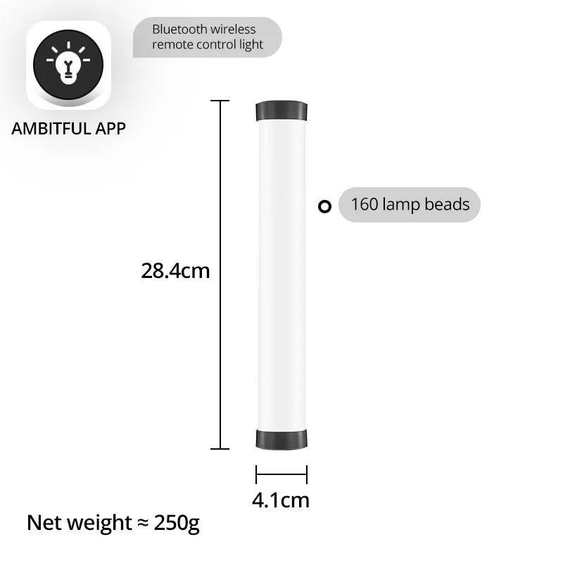 White cylindrical LED light wand, 28.4cm long, with 160 beads and Bluetooth remote control for photography lighting.
