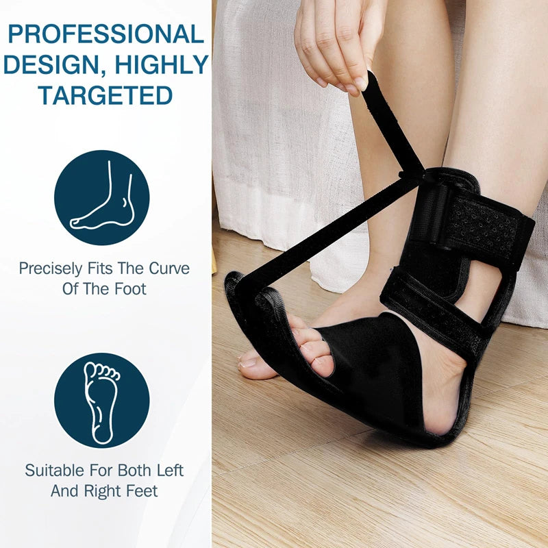 Adjustable black plantar fasciitis night splint brace for foot pain, heel spurs, and Achilles tendonitis support.