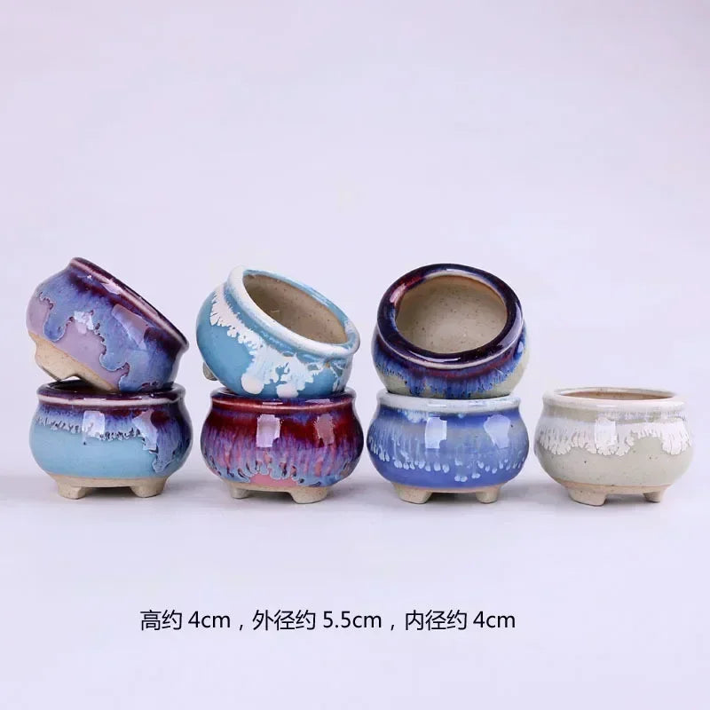 Mini ice-crack ceramic flowerpots, multicolor set; approx 4 cm tall