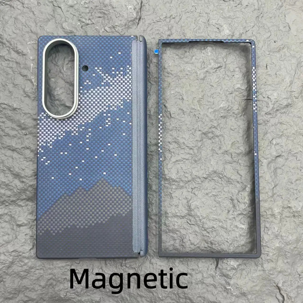 Magnetic carbon fiber phone case with blue and grey mountain pattern, including a separate frame for a foldable phone.