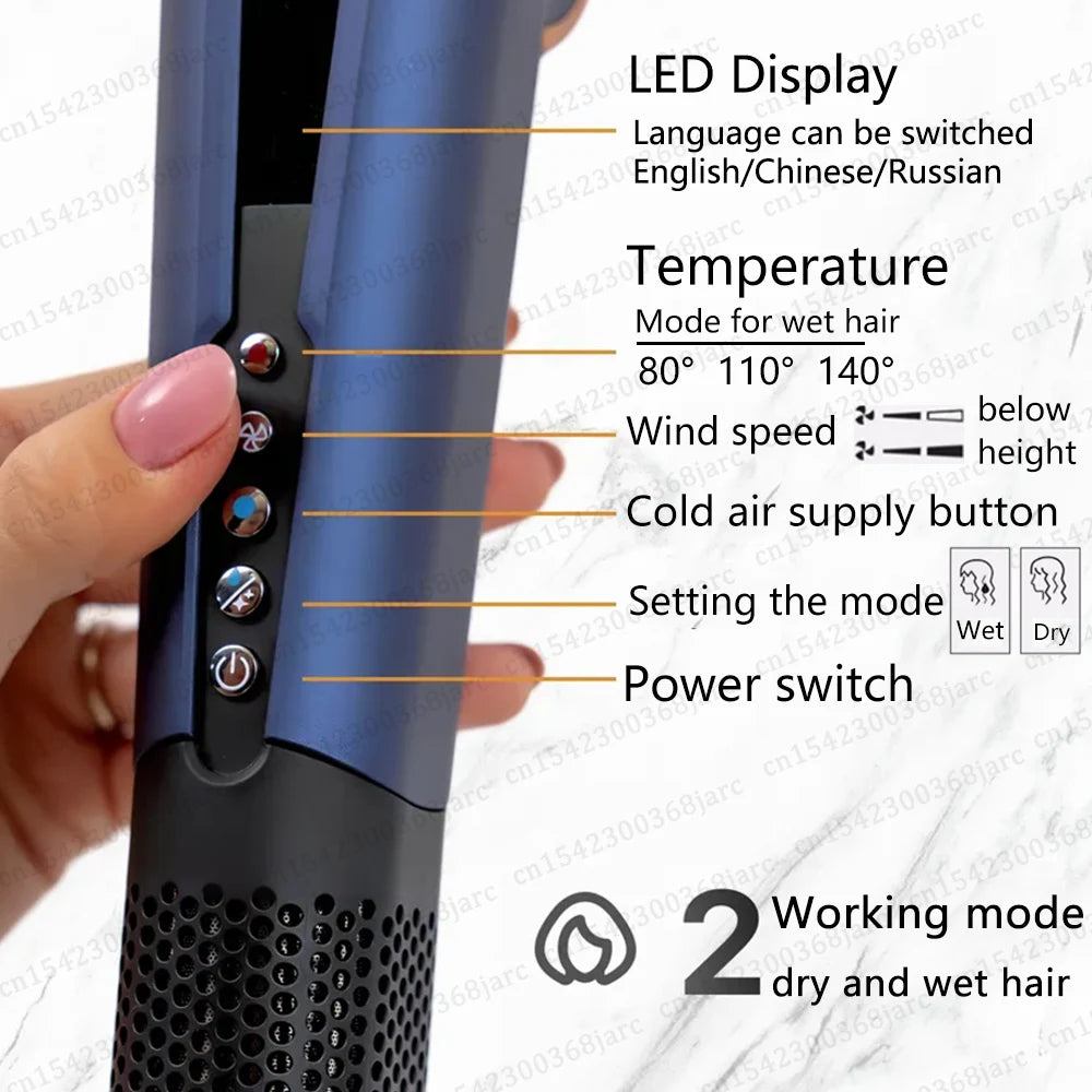 Blue 2-in-1 hair dryer and straightener with LED display, temperature control, and buttons for wet/dry styling modes.