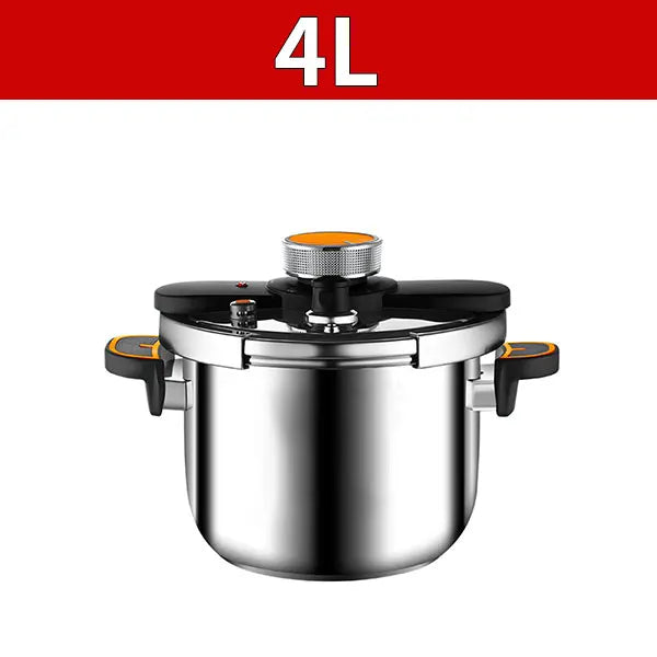 4L stainless steel pressure cooker with black lid, pressure valve, and side handles