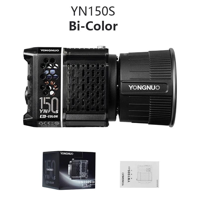 YN150S Bi-Color LED video light with a black, compact, vented metal housing and integrated circular light mount.