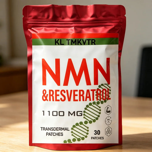 1100mg NMN and Resveratrol anti-aging supplement in a red and white foil pouch with DNA helix design.