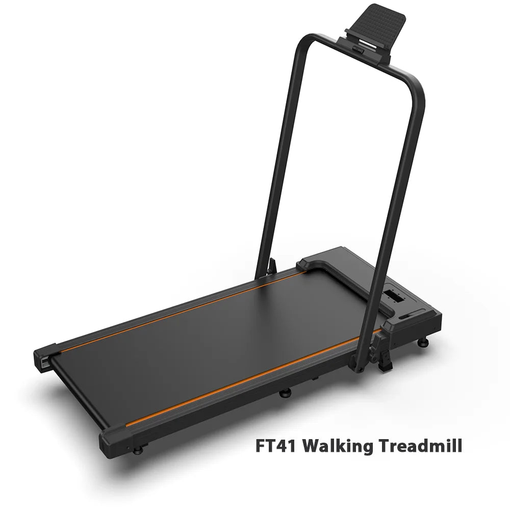 Walking treadmill with curved arm frame, dark belt deck, orange line accents