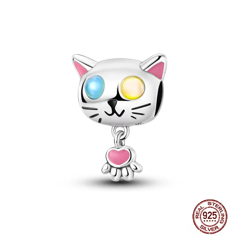 Real 925 sterling silver cat charm with dangling paw print for DIY pet-themed charm bracelets and jewelry pendants.