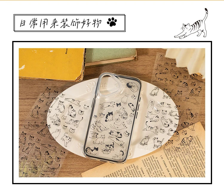 Cute cat PET stickers for scrapbooking and DIY phone case decoration, 2 sheets of transparent cartoon kitty craft decals.