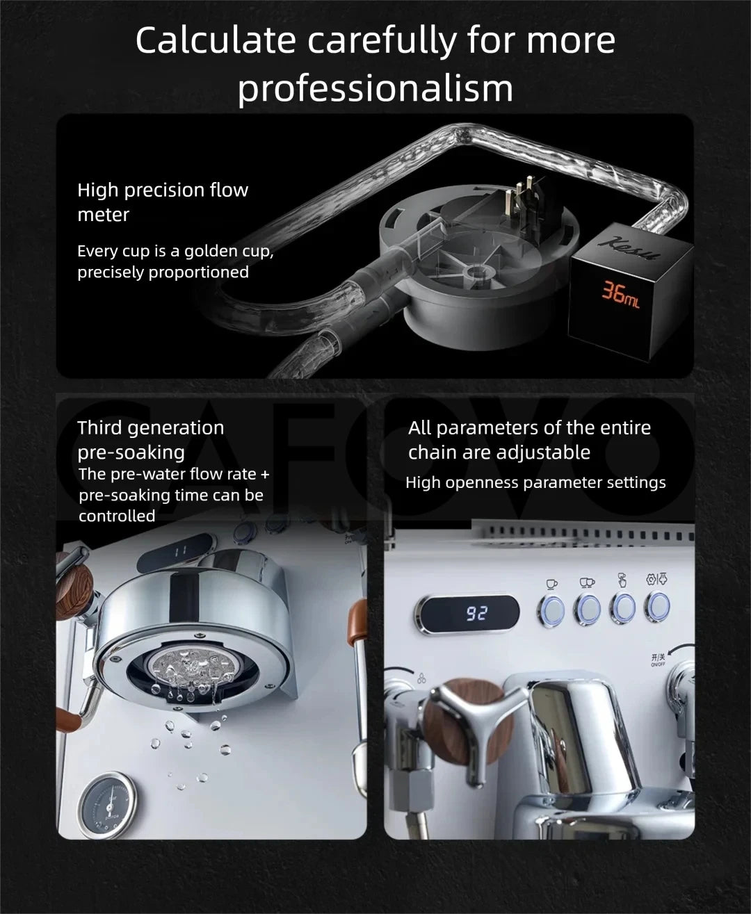 Kesu professional espresso machine with digital flow meter, precise pre-soaking controls, and chrome wood-accent finish.
