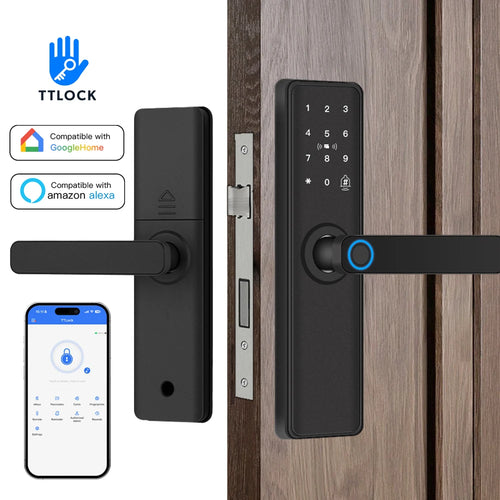 Smart electronic door lock with touchscreen keypad and lever handle, black finish