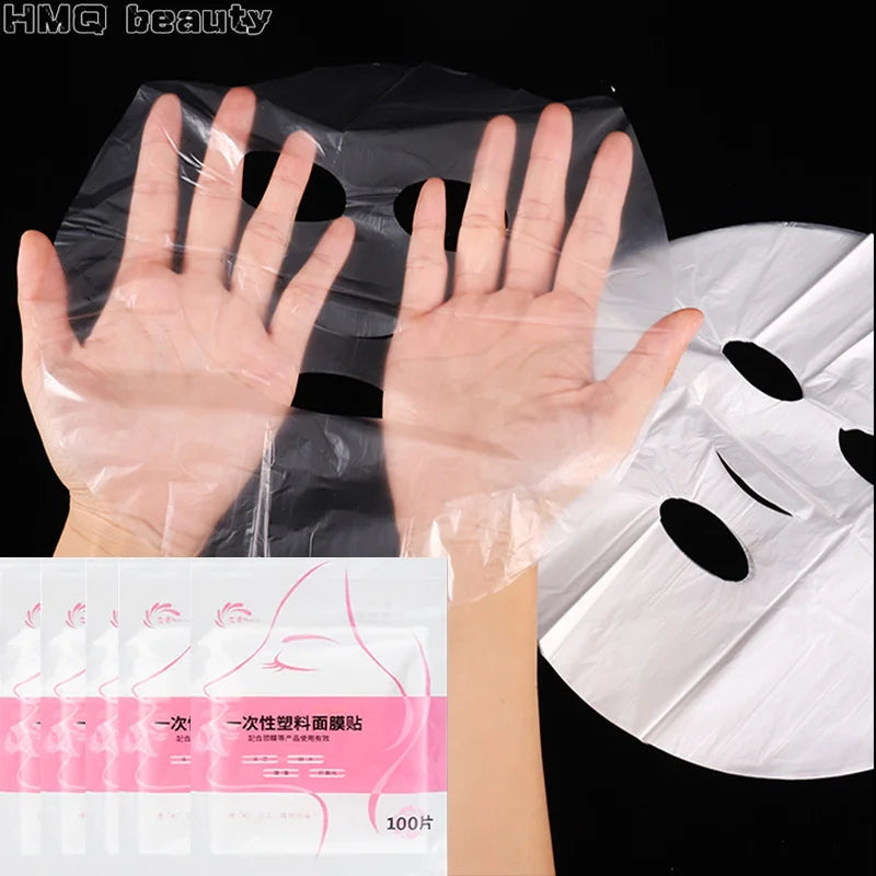 Transparent plastic face mask sheets held by hands, with a stack of 100-count product packaging in the foreground.