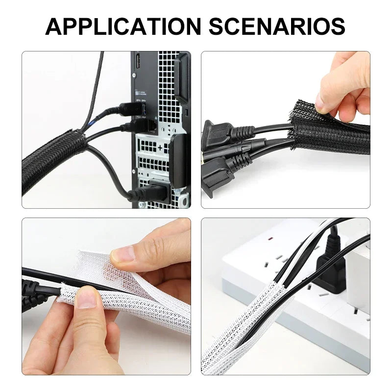Black and white PET cable sleeve protecting wires from pet chewing. Heat-resistant, split-wrap design for easy setup.