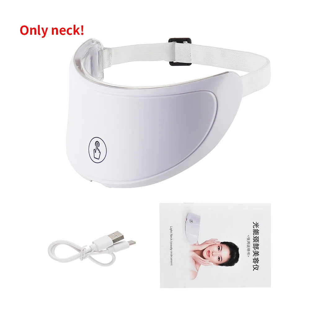 White LED neck beauty device with adjustable strap, charging cable, and instruction manual.