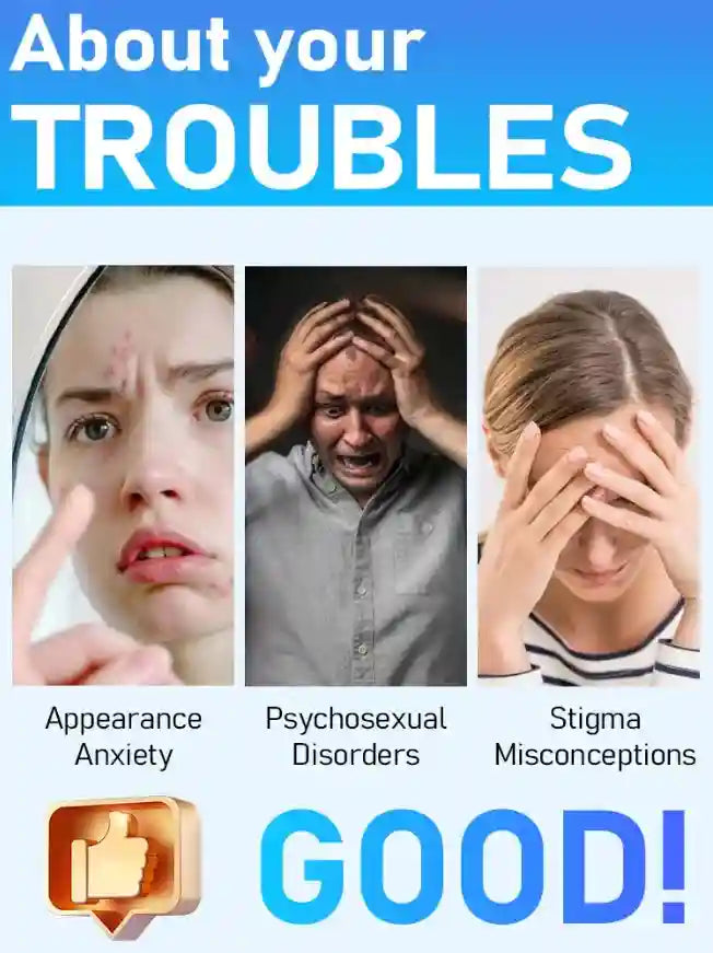 Three panels showing people stressed by appearance anxiety, psychosexual disorders, and stigma, with a thumbs-up icon.