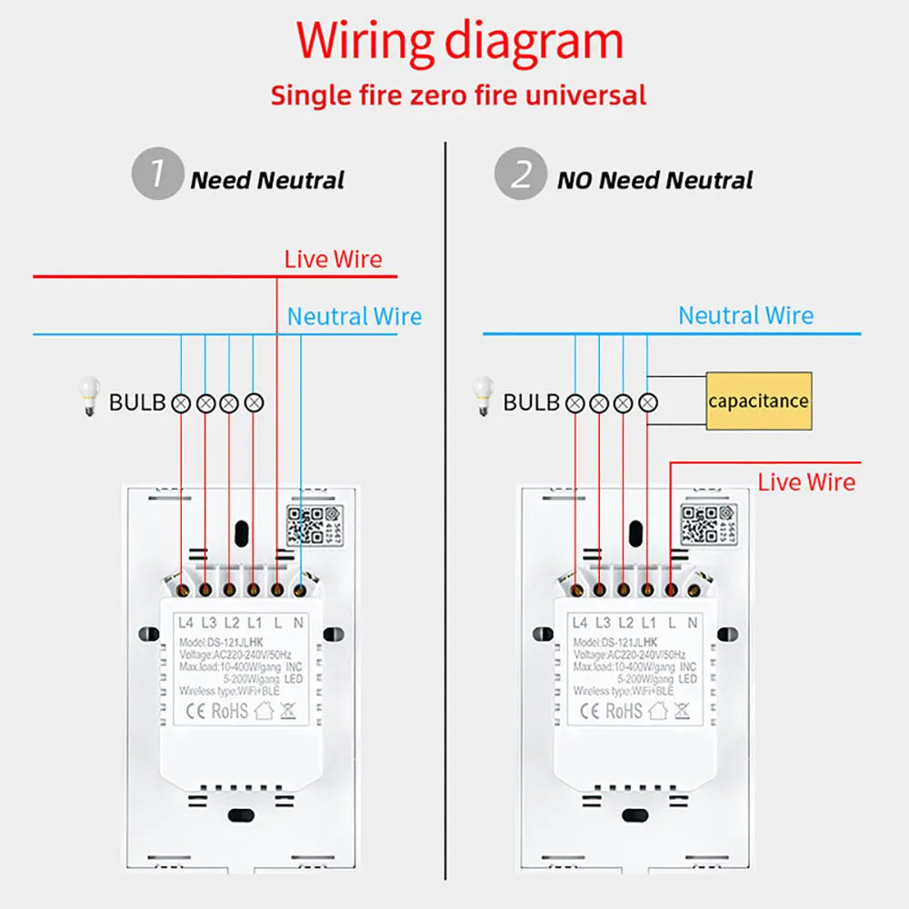 BONDA Homekit Smart Switch No Neutral EU/US WIFI Touch Sensor Light Switch Smart Google Home Alexa Siri Voice Control 220V 110V