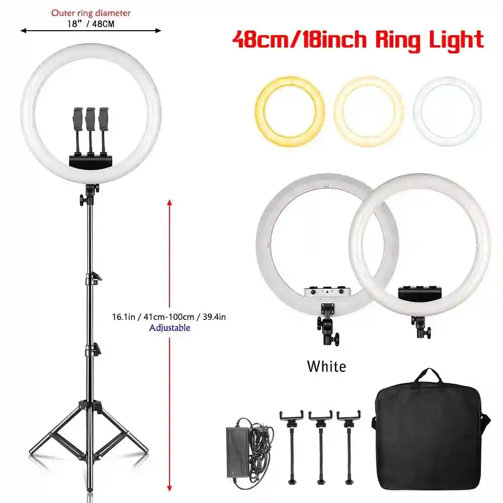 18-inch white LED ring light on an adjustable tripod stand with three phone holders, power adapter, and carry bag.