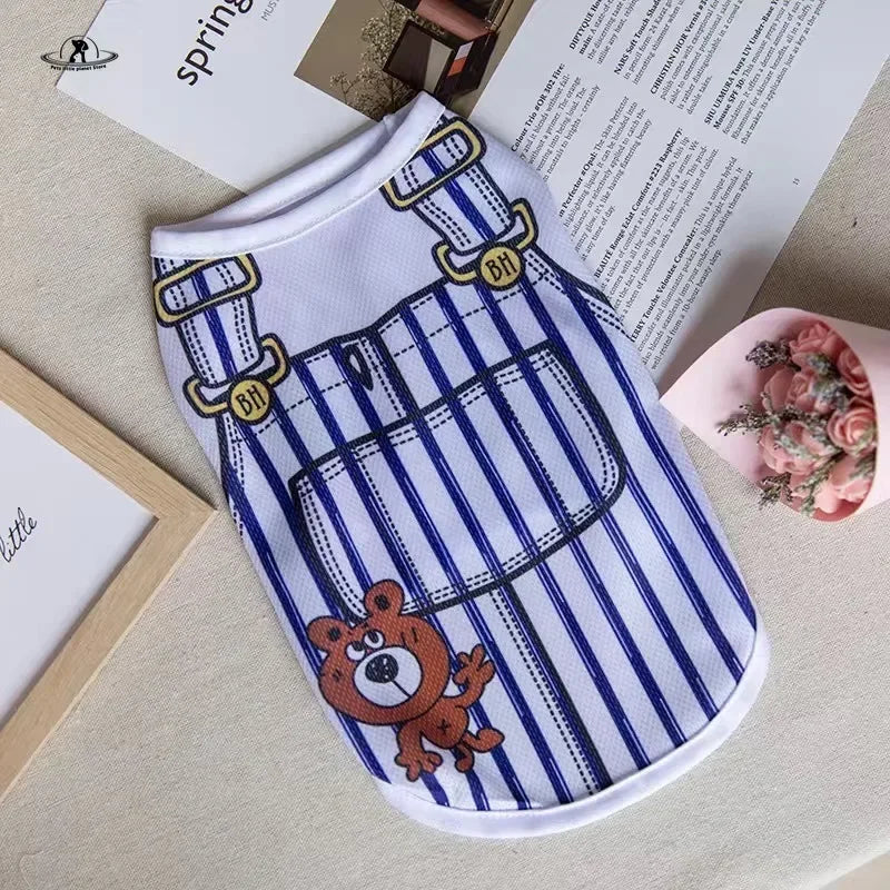 Cute white striped cartoon puppy vest shirt for small dogs and cats, perfect breathable summer pet clothing.