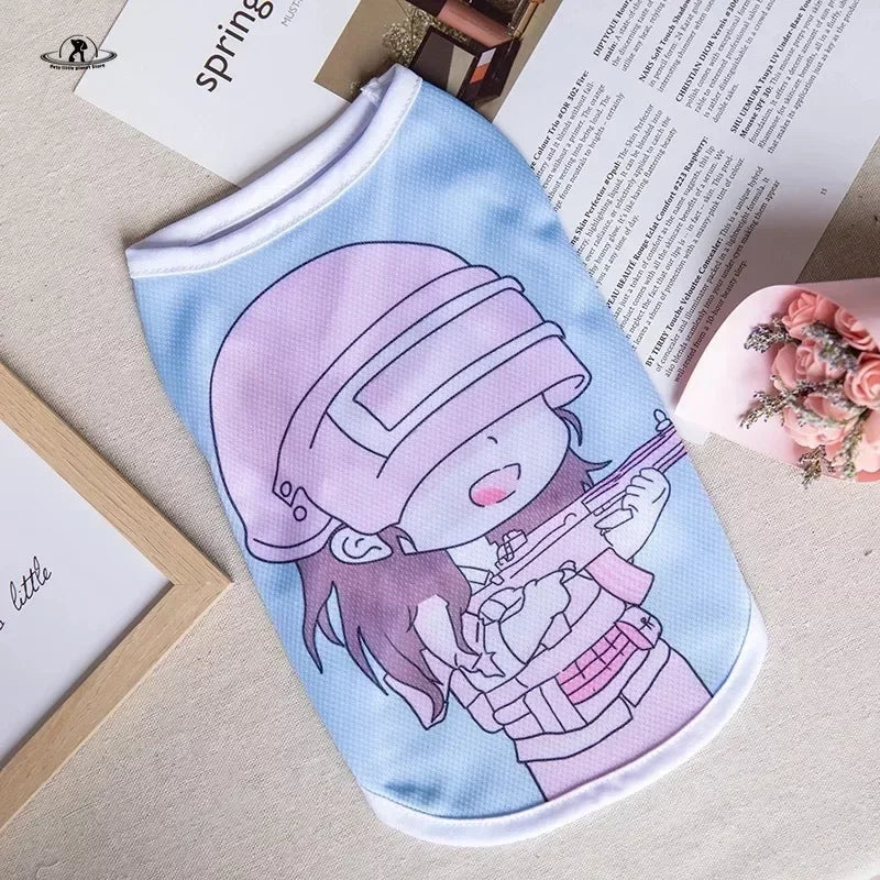 Blue cartoon print summer vest for small dogs and cats. Breathable, lightweight pet shirt for stylish summer comfort.
