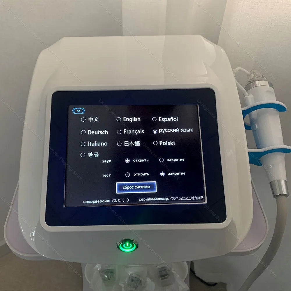 Portable white RF microneedle skin tightening machine with touchscreen interface for face lifting and anti-aging.