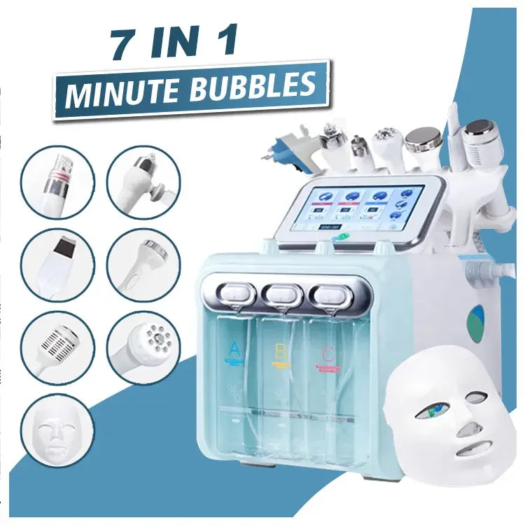 7-in-1 professional hydro facial machine with oxygen spray, RF, ultrasonic skin lifting, and LED mask in light blue.