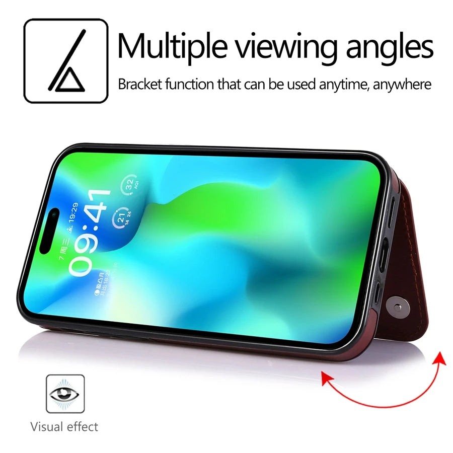 iPhone 16 Leather Wallet Case With Card Stand - Slim Shock-Absorbing Cover Tidesmit