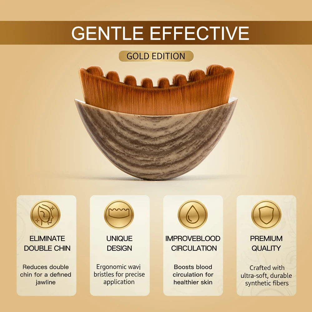 Curved facial massage brush with wavy brown bristles and a textured, wood-grain ergonomic handle.