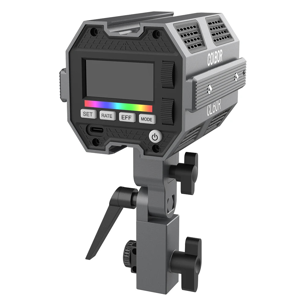 Gray COBOR CL60R LED video light with a digital display, buttons, and adjustable tripod mount for photography.