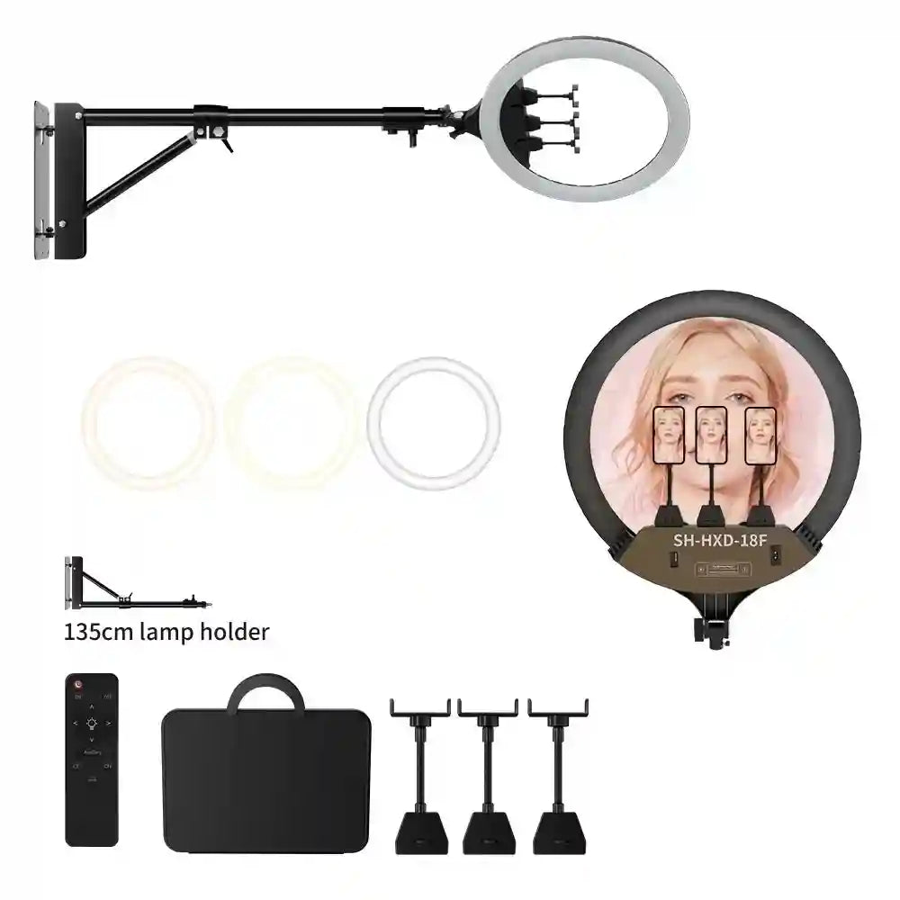 Wall-mounted 18-inch LED ring light with three phone holders, remote control, and carrying case for content creation.