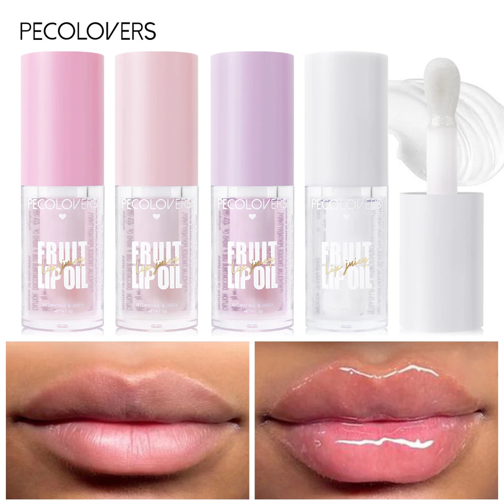 Transparent plumping lip oil set with applicator, creating a high-shine, moisturizing glass-like glossy finish on lips.