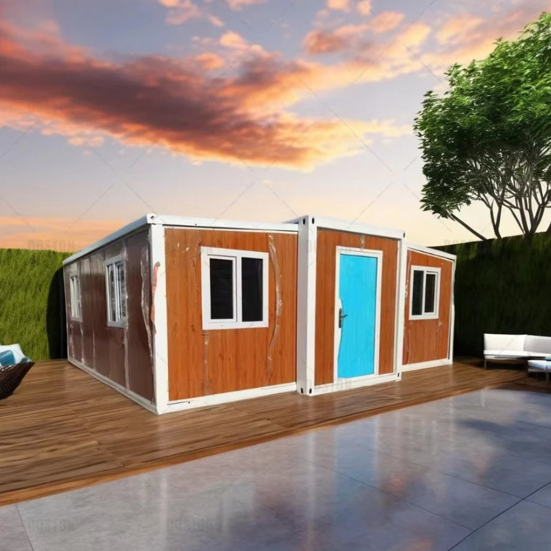 Modular container house with wood-paneled walls, white frame, and blue entry door