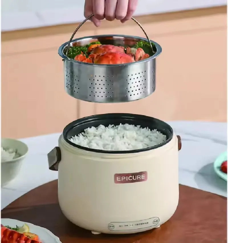 White electric rice cooker with perforated stainless steamer basket lifted, EPICURE