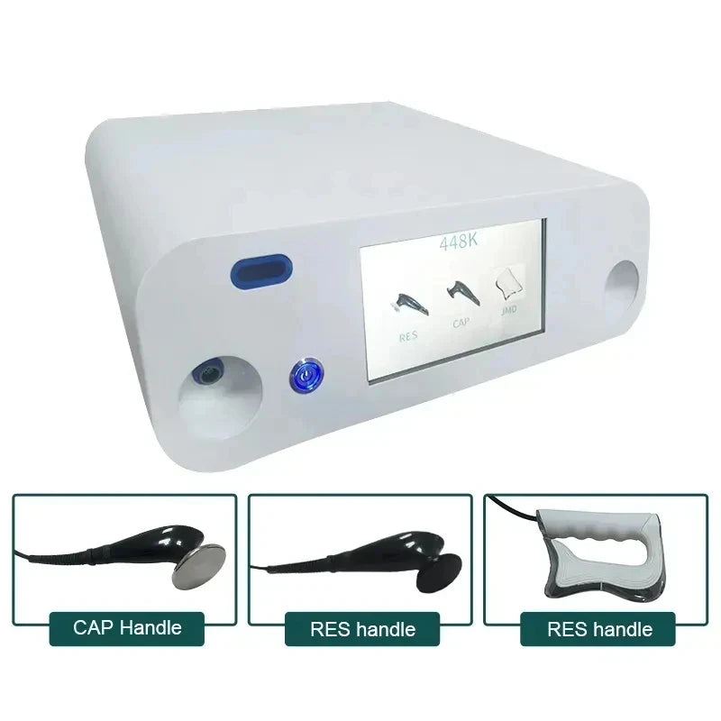 448KHz Tecar RF beauty device with touchscreen, RET CET probes, and monopolar handles for professional body therapy.