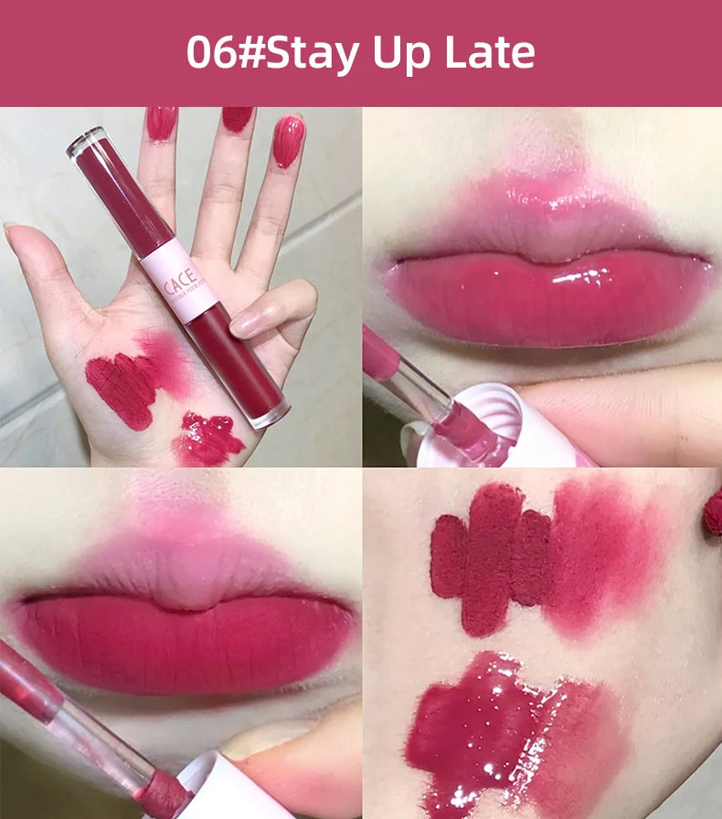 CACE double-head lip glaze in 06 Stay Up Late: features a matte lip mud and glossy water finish in a sexy red shade.