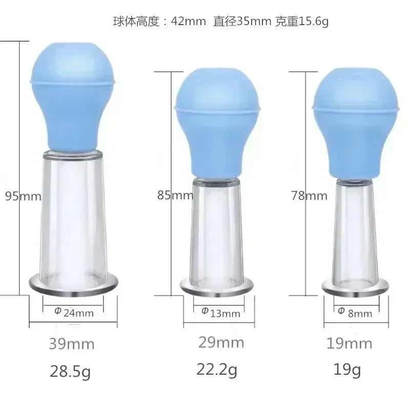 Three blue bulb facial massage vacuum cups in descending sizes with transparent bases and measurement labels.
