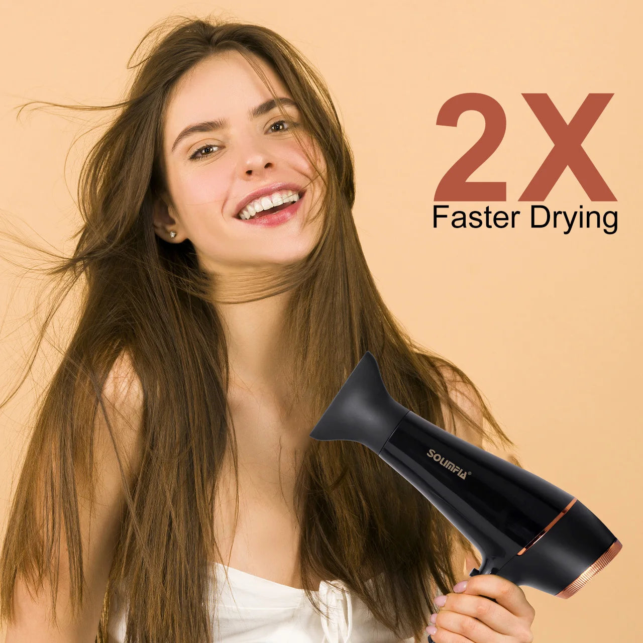 Black professional hair dryer with nozzle attachment for fast salon-grade styling and quick drying at home.