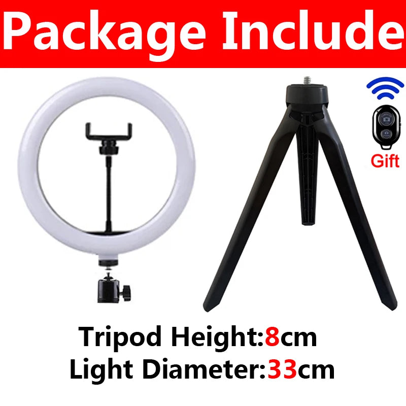 33cm ring light with phone holder, 8cm black mini tripod, and Bluetooth remote shutter for photography and video.
