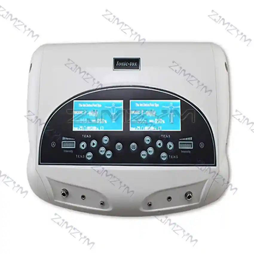 White dual ionic detox foot spa machine with TENS digital screens and controls for home health and body massage therapy.