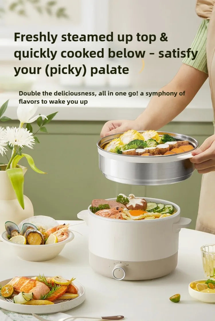 White electric multi cooker with steaming pot and lid, person serving food at the table