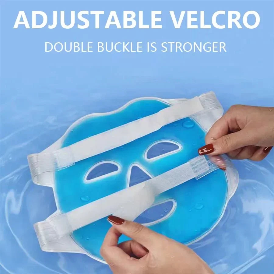 A blue, transparent gel face mask with adjustable velcro straps being secured by hands against a light blue background.
