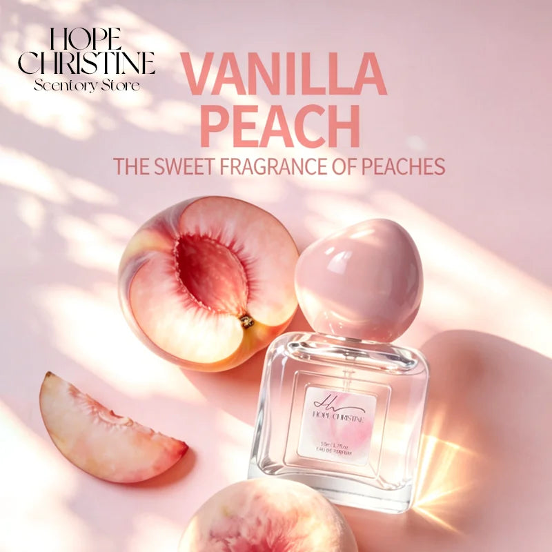 Hope Christine Vanilla Peach EDP: Fresh citrus, vanilla, peach women's perfume in a square glass bottle with round cap.