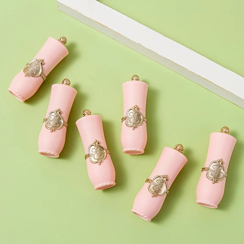 Crystal flower jelly lipsticks in pink tubes with gold vintage emblems, long-lasting moisturizing lip makeup set.