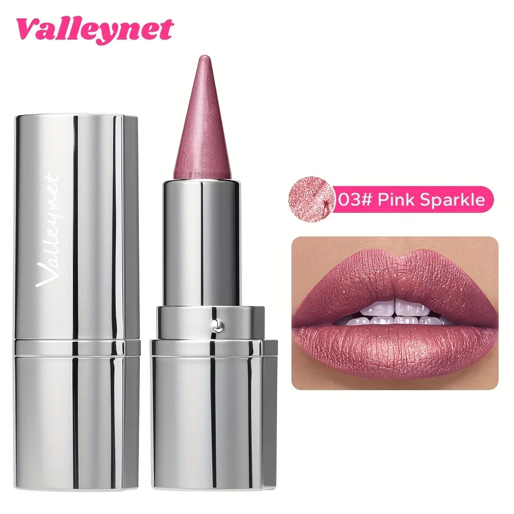 Valleynet long-lasting metallic glitter lipstick in Pink Sparkle, a luminous, shimmering waterproof lip makeup.