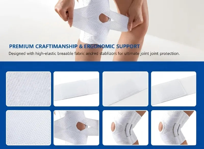 VBOSI Adjustable Breathable Knee Brace with Open Patella Compression Strap Sports Support for Running Gym Knee Pain Relief White