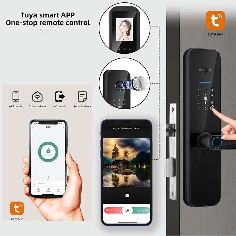 New Biometric Digital Electronic Smart Door Lock With Camera Fingerprint Tuya Wifi Smart Card Password Key Unlock