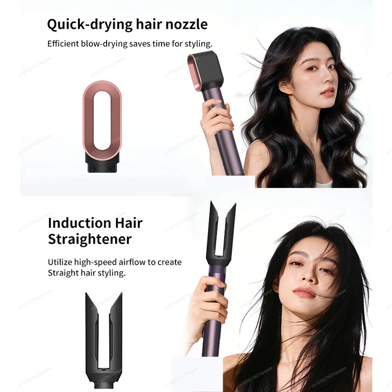 Sencimen X19 multi hair styler with rose gold dryer nozzle and induction straightener attachment for professional styling.